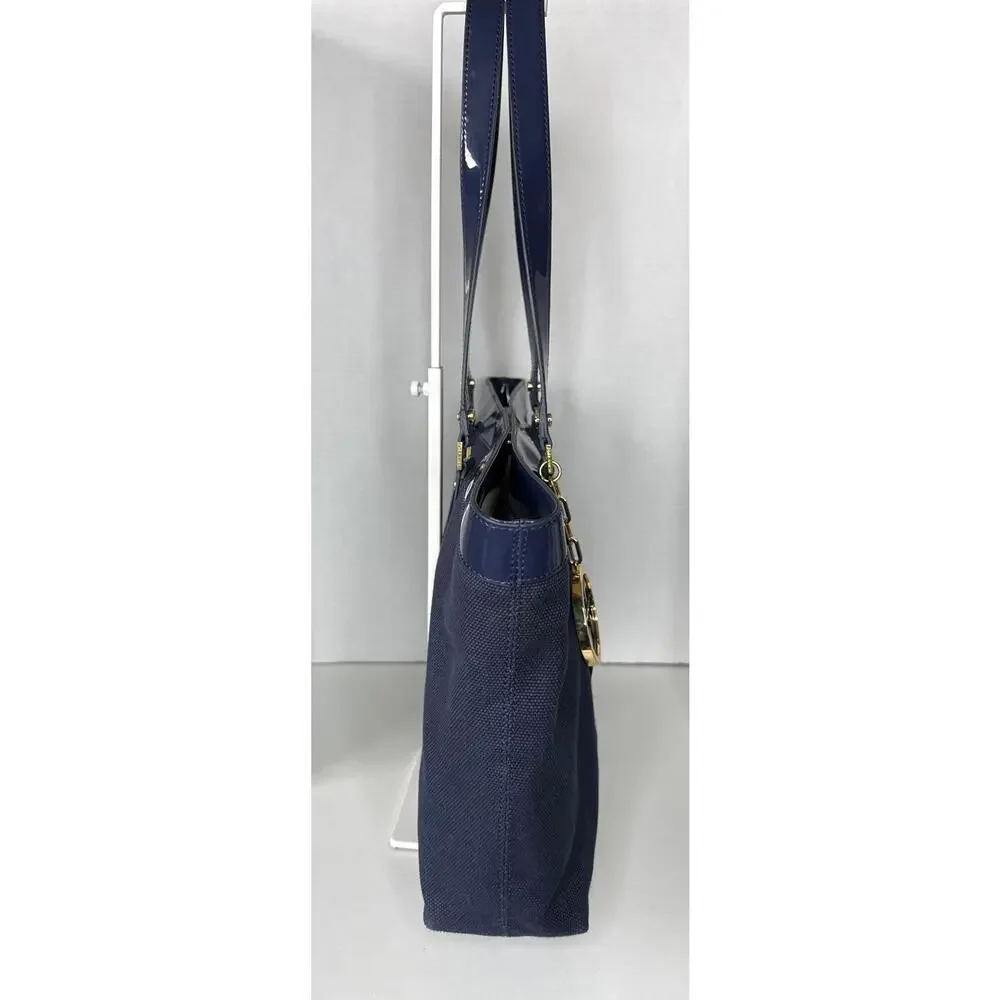 Tory Burch Canvas Jane Tote navy patient leather Shoulder Bag